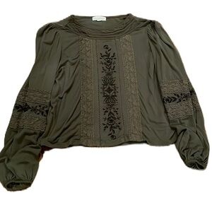 Coco + Jaimeson Womens Boho Peasant Lace Trim Shirt Size S Long Sleeve Green EUC